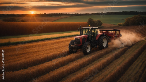 Tractor is harvesting agricultural crops, Combine harvester, agricultural field with sunset background.  Generative Ai