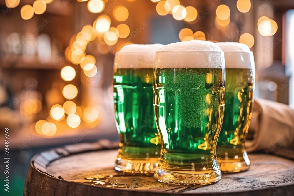 Green beer on wooden festive table, with copy space for text. St. Patrick's Day celebration concept.