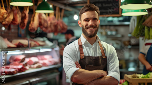A cheerful butcher with a neat beard and apron proudly stands with arms crossed in front of a meat counter in a bustling market.