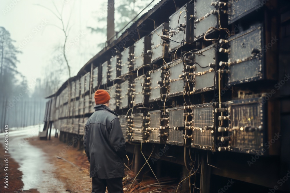 The employee uses equipment and devices in an open-air laboratory in the forest, in the style of a photo reportage The employee uses equipment and devices in an open-air laboratory in the forest, in the style of a photo reportage