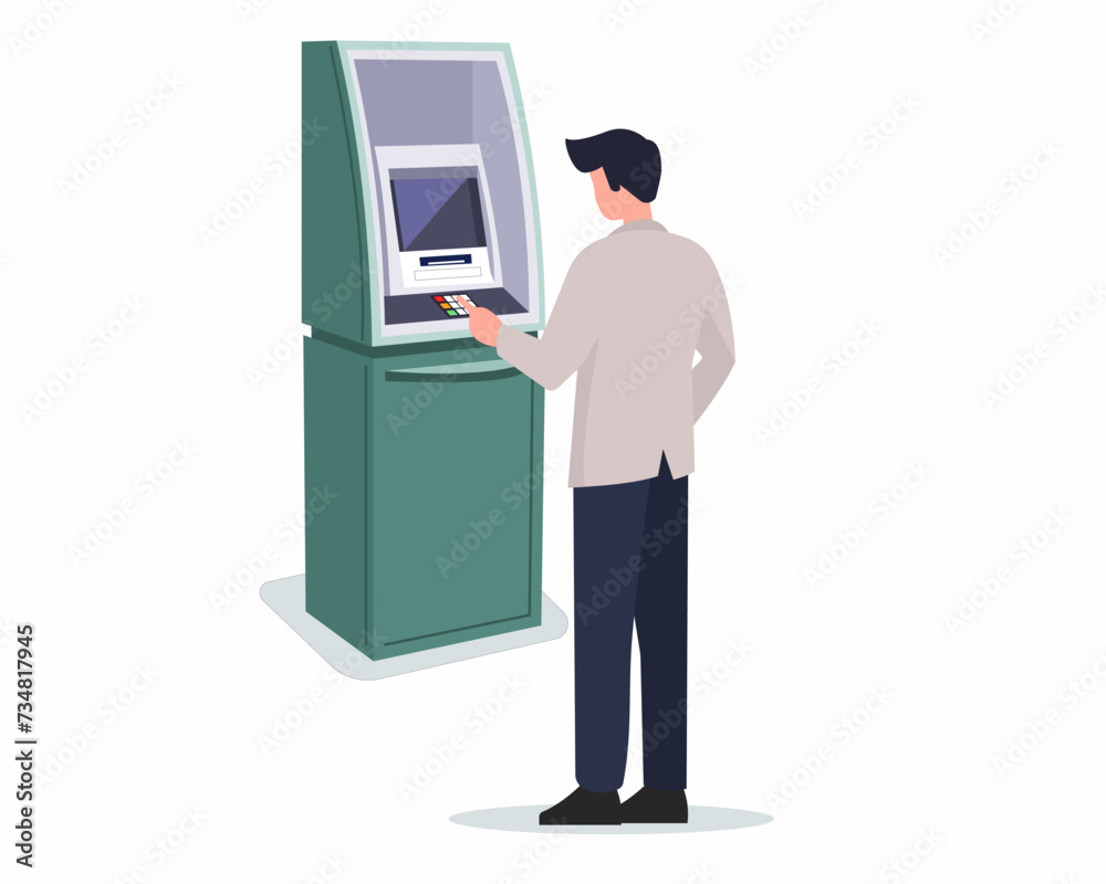 Client standing near ATM Machine and withdrawal cash digital bank service vector illustration Client standing near ATM Machine and withdrawal cash digital bank service vector illustration