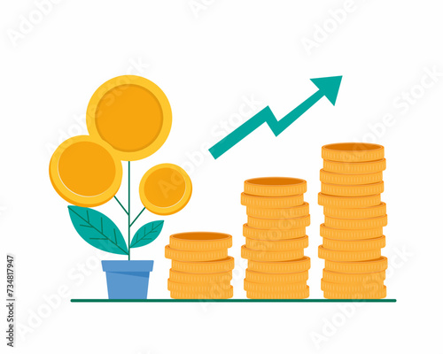 Financial economic or market growth of money investment revenue, capital earnings, money plant growth.