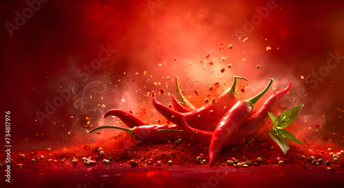 Hot red chili pepper on fire background photo