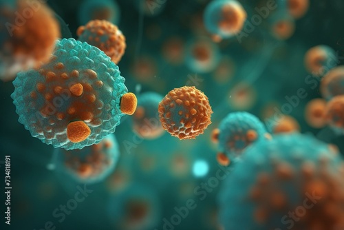 Illustration of floating cells representing Covid-19 coronavirus and poxvirus Monkeypox. Blurred with teal and orange gamma. Generative AI photo