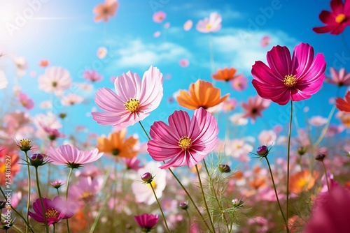 Beautiful spring summer bright natural background with colorful cosmos flowers © mr Wajed