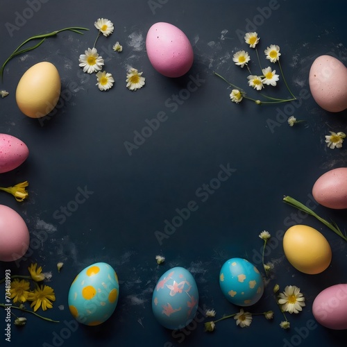 blue easter banner with painted eggs with copy space 