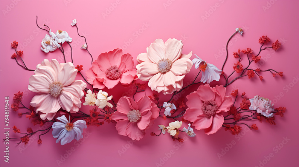 Colorful and bright flowers on pink surface background. Spring floral composition header concept.