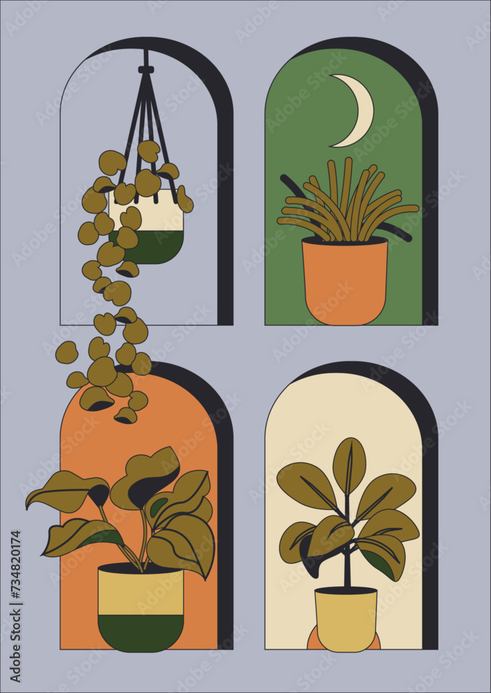 Set de ilustración de plantas en ventanas, estilo retro