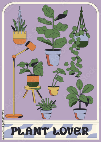 doodles conjunto de plantas decorativas para hogar. Diferentes plantas de interior aisladas sobre fondo blanco. Plantas colgantes, lampara, macetas modernas, lampara.