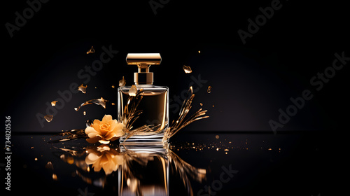Luxurious perfume bottle mockup exquisite perfume commercial with natural light and rich rextures in,, Modern glass men perfume bottle among black rocks in the rain, fragrance and perfumery, post-pro 