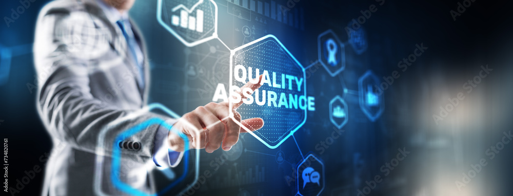 QA Businessman pressing Quality assurance button on virtual screens QA Businessman pressing Quality assurance button on virtual screens