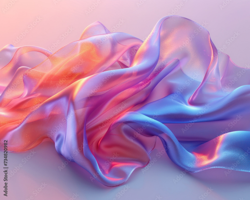 Obraz premium 3D hyper realism silk cloth floating isolated pale color background. Futuristic cyberpunk reflective holographic flow.