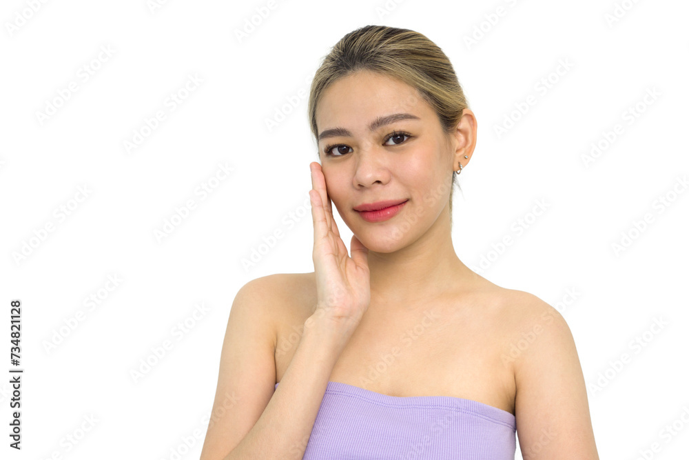 Beautiful young asian woman with clean fresh skin touch her own face . Facial treatment. Cosmetology, beauty and spa. Face care Beautiful young asian woman with clean fresh skin touch her own face . Facial treatment. Cosmetology, beauty and spa. Face care