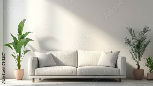  empty room with a white couch and two plants on white wall, modern living room interior house © Planetz