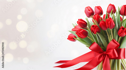 Red huge tulips bouquet with glitter ribbon bow