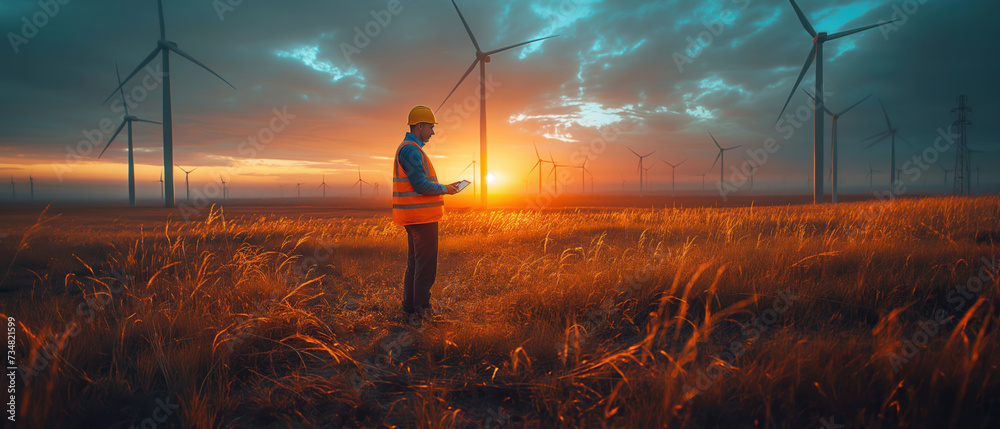 During sunset, male engineers work on the site of a wind turbine powered by natural energy. Objectives of auditing the main operations of wind power plants. - obrazy, fototapety, plakaty 