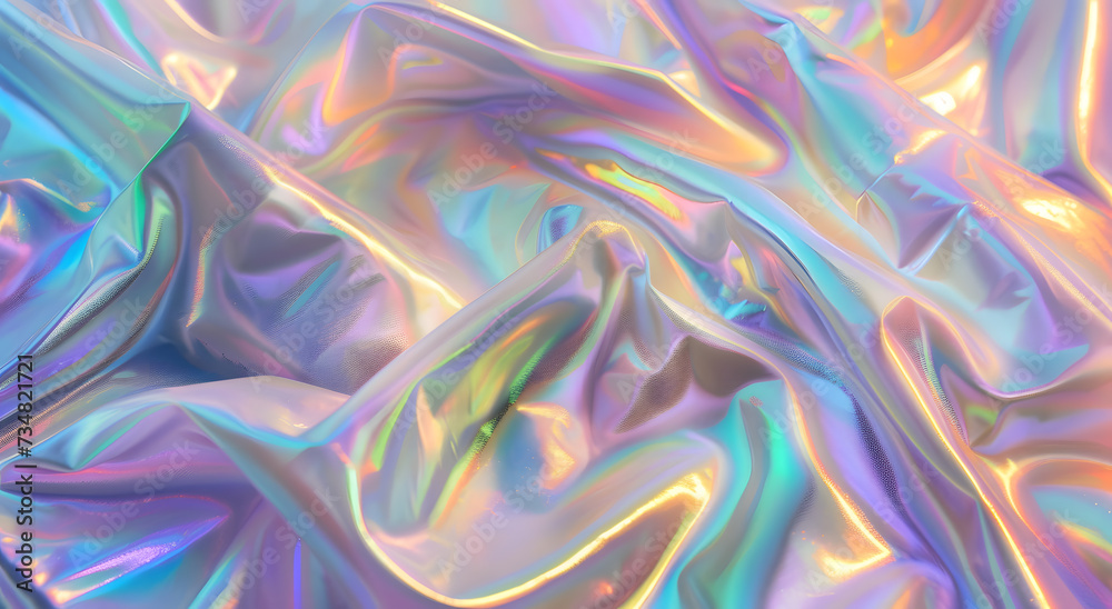 Holographic iridescent surface wrinkled foil pastel. Real Hologram Background of wrinkled abstract foil 80s texture with multiple colors