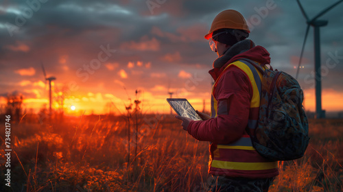 During sunset, a male engineer works on the site of a wind turbine powered by natural energy. Objectives of auditing the main operations of wind power plants. 