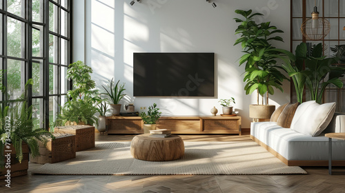 Fototapeta Naklejka Na Ścianę i Meble -  White color wall Background, minimal living room interior decor with a TV cabinet. plain light mock up. wooden furniture.