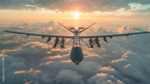Unmanned military drone flying in the sky above the American technology clouds photo
