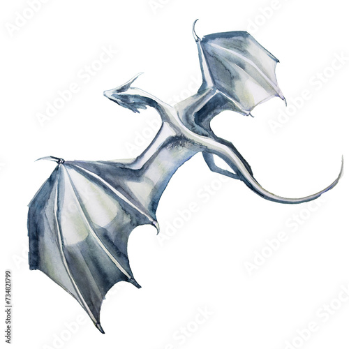 Dragon illustration. Magic and wizardry concept clipart. Fantasy creature watercolor painting.