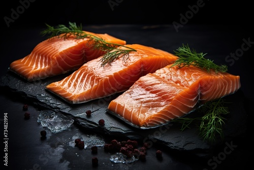 salmon on a board with a black background