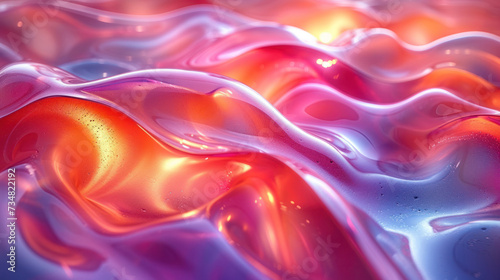 3D illustration of chromatic glass material abstract fluid shape. vibrant colors and fluid forms to create a visually striking composition. light and reflections on glass surface style. photo