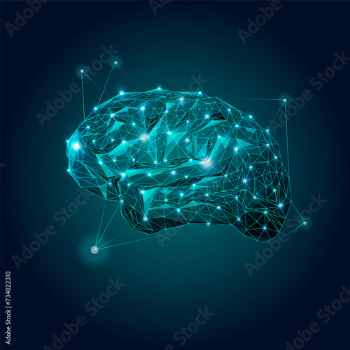 Wireframe human brain with connected nodes on deep blue background. Graphic for documentary on artificial intelligence and human cognition. Concept of modern technologies, innovation