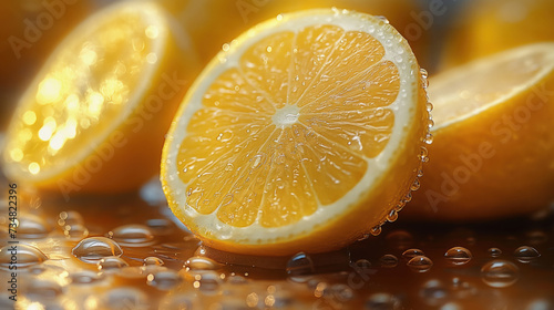 Cut lemon under sun rays with water drops in sunny garden. Organic citrus fruits. 