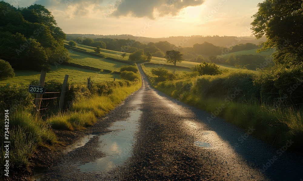Fototapeta premium 2025 number on a long road that leads into the horizon. generative AI 