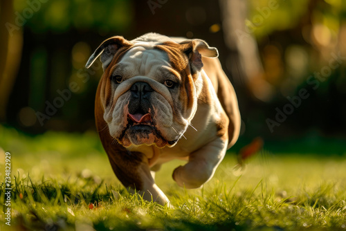English bulldog running and playing in the woods.