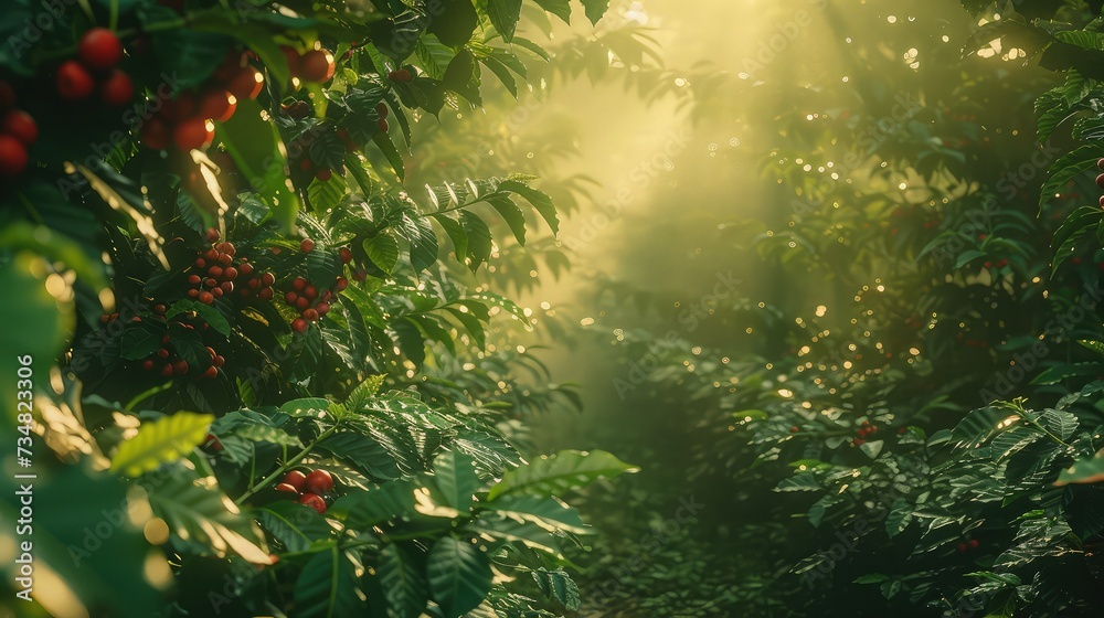Tranquil Morning at Coffee Plantation: Ripe Red Cherries and Morning Sunlight - obrazy, fototapety, plakaty 