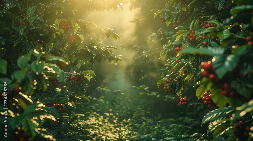 Tranquil Morning at Coffee Plantation: Ripe Red Cherries and Morning Sunlight - obrazy, fototapety, plakaty 