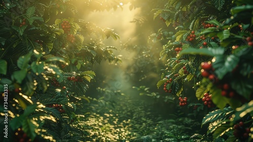 Tranquil Morning at Coffee Plantation: Ripe Red Cherries and Morning Sunlight