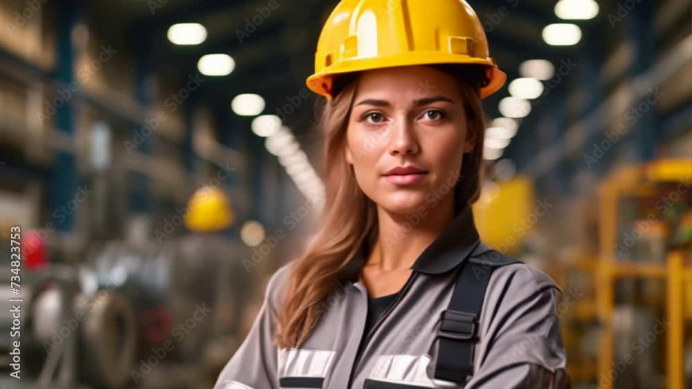Smiling worker wearing a yellow hard hat in a construction site portrait Smiling worker wearing a yellow hard hat in a construction site portrait