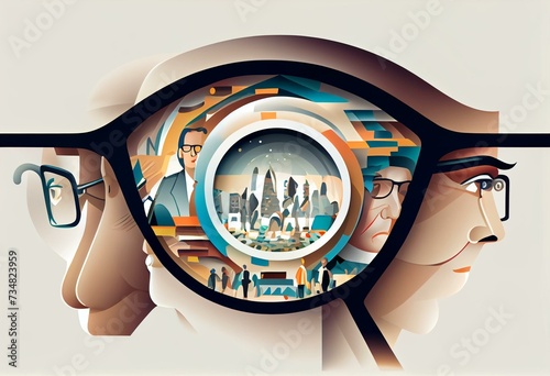 Vision illustration, transparent background. Flat tiny business direction knowledge persons concept. Smart and wise leader with company strategy visualization, solution and inspiration. Generative AI