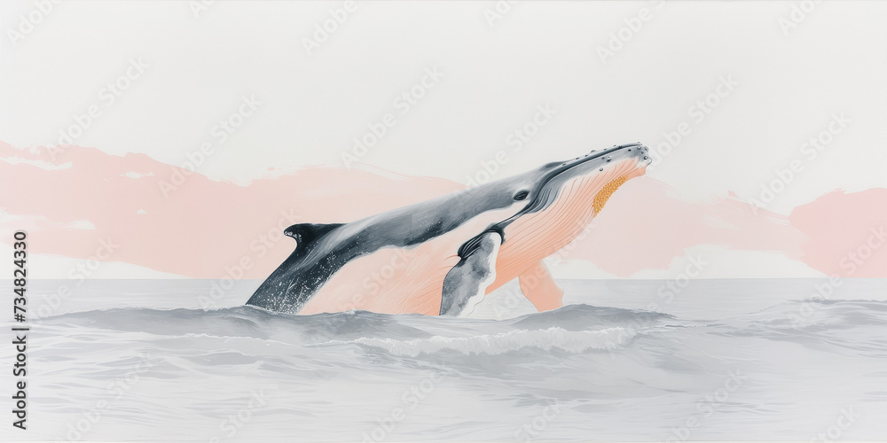 Ethereal painting of a humpback whale breaching in a turbulent sea ...