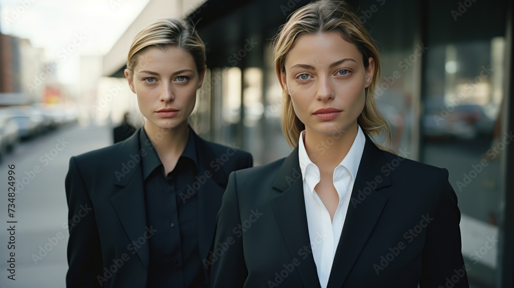A portrait of two professional women in formal work attire, capturing the essence of modern business elegance and empowerment, with a cityscape backdrop and room for text. A portrait of two professional women in formal work attire, capturing the essence of modern business elegance and empowerment, with a cityscape backdrop and room for text.