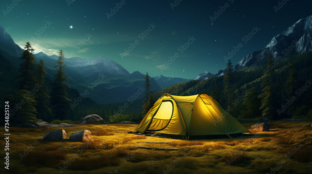 Glowing yellow camping tent