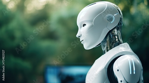A serene image of a humanoid robot in a natural setting, depicting the harmony between technology and the environment, suitable for discussions on robotics and ecology, with text space.