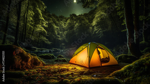 Glowing yellow camping tent © Gefer