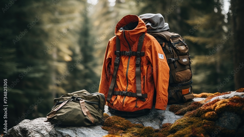 Showcasing an adventure-ready backpack and gear set against a lush forest backdrop, this image speaks to themes of travel, adventure, and outdoor gear. Showcasing an adventure-ready backpack and gear set against a lush forest backdrop, this image speaks to themes of travel, adventure, and outdoor gear.