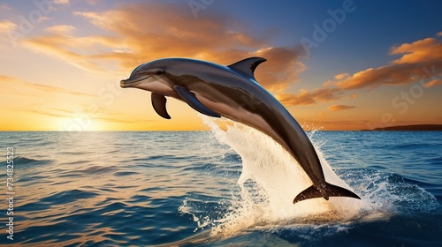 A majestic dolphin leaps from the ocean at sunset, embodying the grace of marine life in a tranquil seascape, ideal for nature and wildlife themes. © logonv