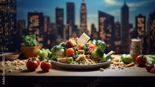Healthy food with skyline in background