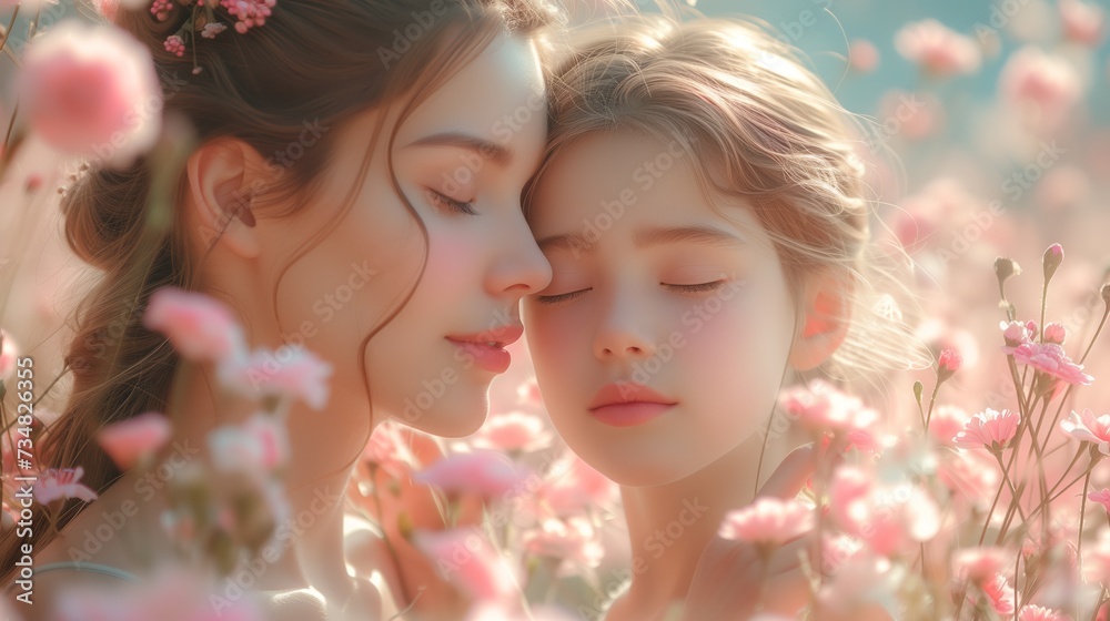 Portrait of beautiful young mother and cute daugther surounded pink flowers