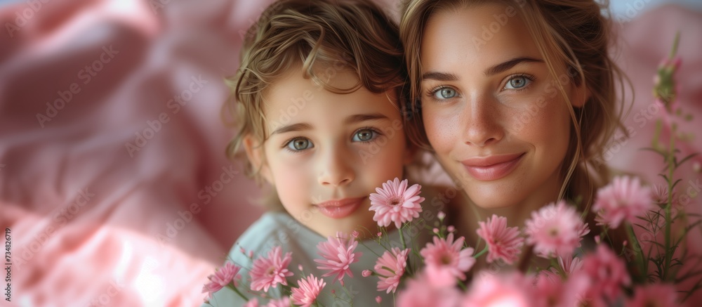 Obraz premium Happy and cheerful mother hugging her little son.