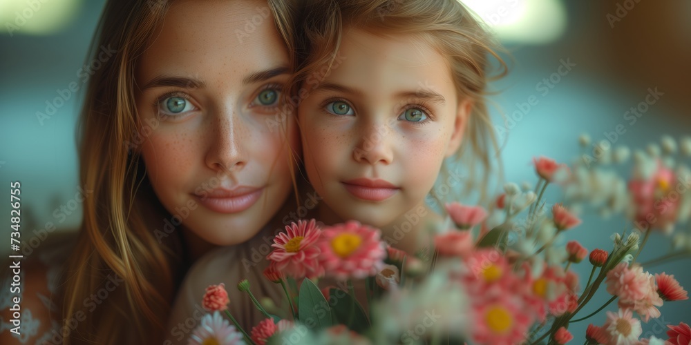 Naklejka premium Happy mother's day. Adorable sweet young mother with cute little daughter. Banner