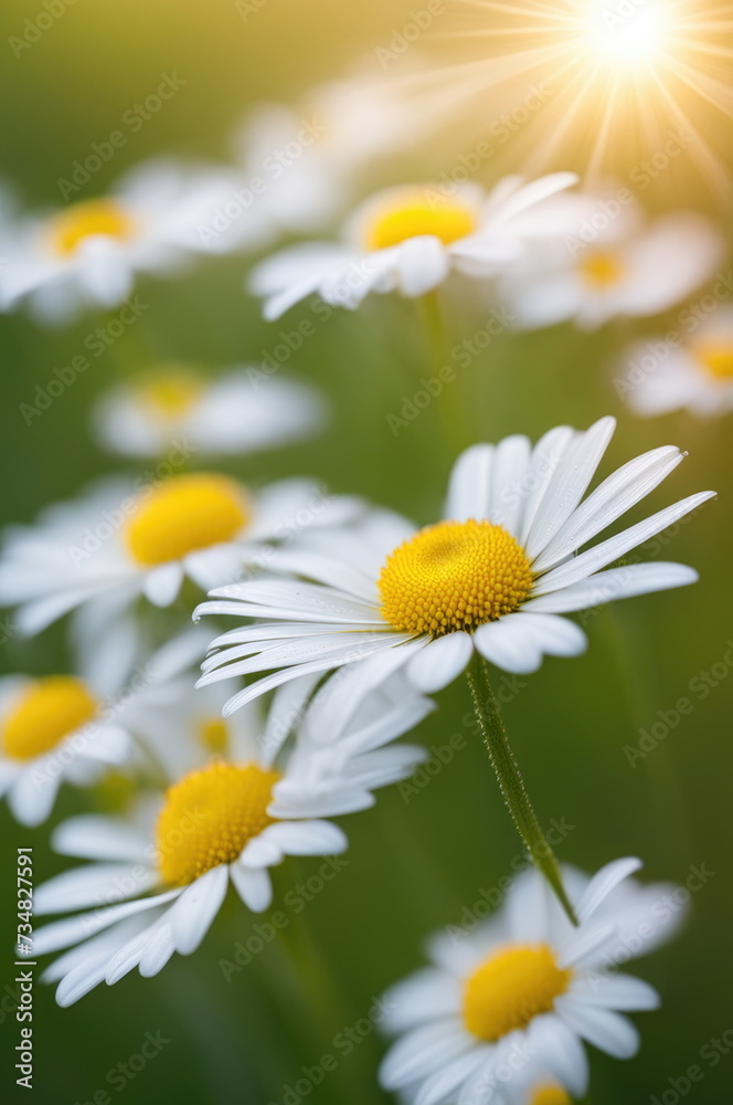 Obraz premium A close-up of pristine white daisies with vibrant yellow centers, dotted with dew drops