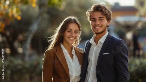 A young woman in brown trousers and a white shirt stands smiling back to back...