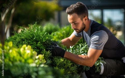 a man taking care of greenery and shrubs